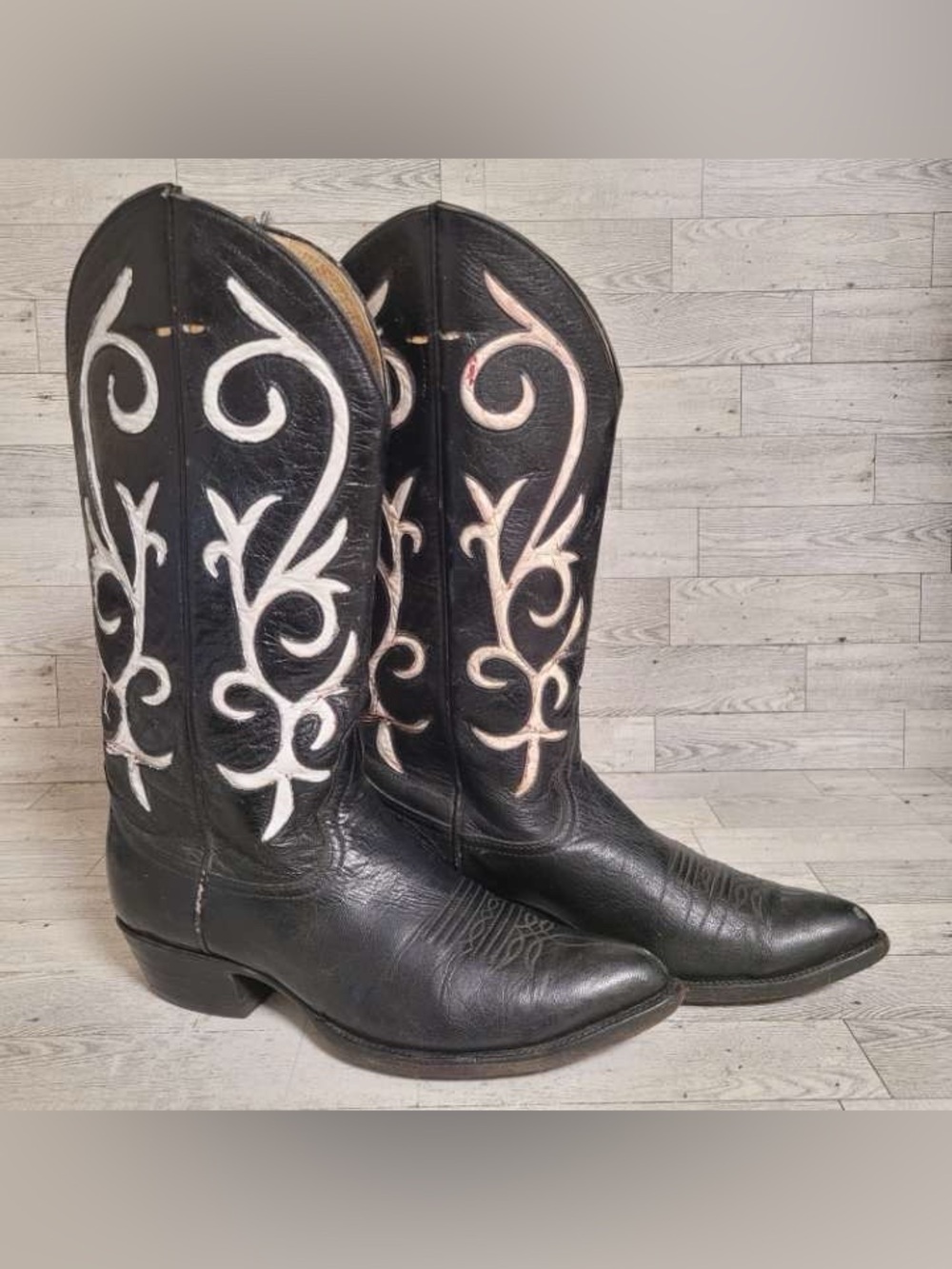 Men's Larry Mahan Black Leather White Inlay Western Vintage Cowboy Boots Size 9